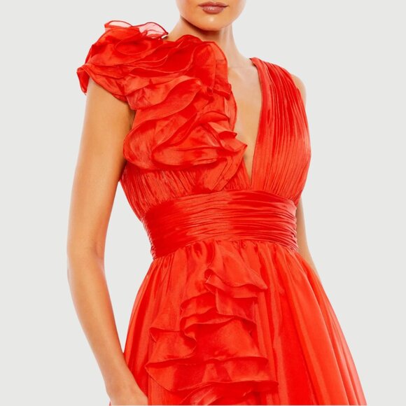 Mac Duggal Size 6 Cherry Red Ruffle V-Neck Chiffon Ballgown Long Gown Maxi Dress - Picture 4 of 5